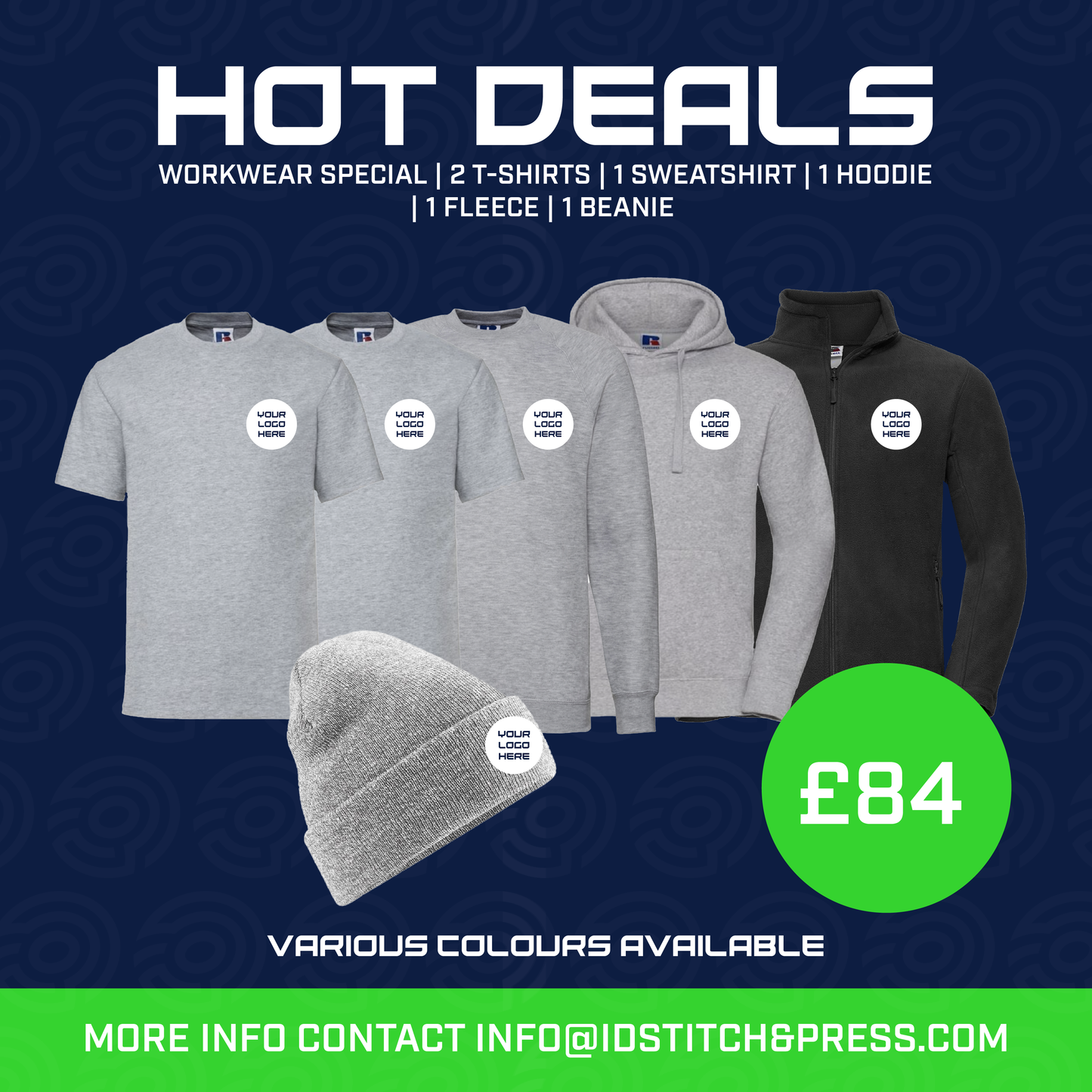 WORKWEAR SPECIAL RUSSELL | 2 T-SHIRTS | 1 SWEATSHIRT | 1 HOODIE | 1 FLEECE | 1 BEANIE | £70