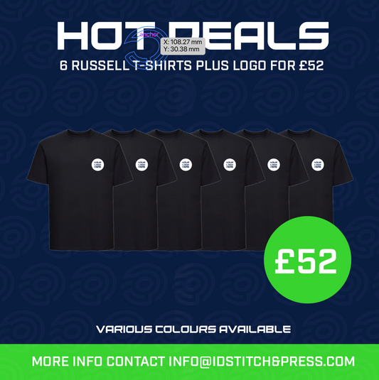 HOT DEALS |  6 RUSSELL SUPER RINGSPUN CLASSIC T-SHIRT | PLUS LOGO TO LEFT BREAST £52